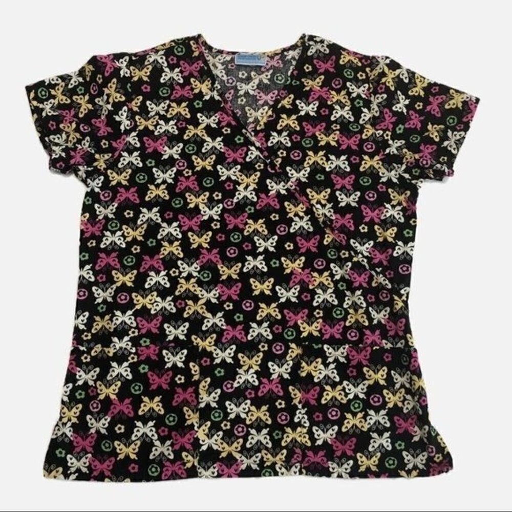 Ladies Scrub Top Size Small Butterflies Black Pink Yellow Uniform Destination